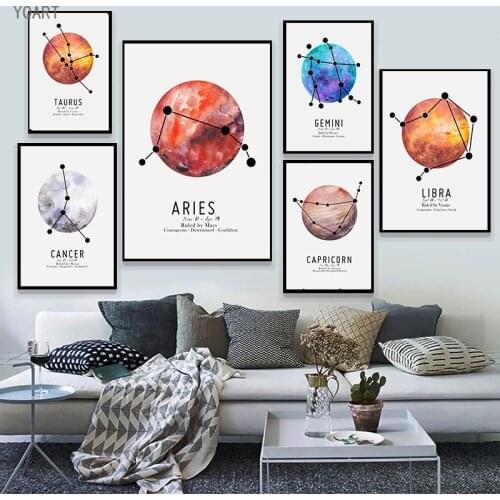 12 Zodiac Signs Constellation Planet Posters and Prints Canvas Painting Wall Art Pictures Cuadros for Modern Home Room Decor