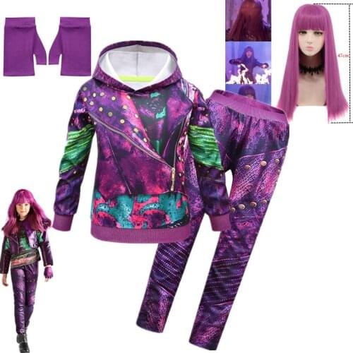 2020 Descendants 3 Mal Bertha Maleficent Long Live Evil Straight Purple kids Cosplay costumes + Wig halloween costume for kids