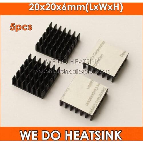 5pcs 20x20x6mm Black Anodized and Slotted Aluminum IC Cooling Cooler Heatsink Heatsinks With Thermal Tape