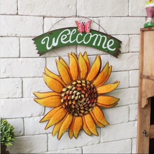 Door Hanging Outdoor Iron Butterfly Sunflower Welcome Sign Garden Painting Retro Wall Art Indoor Home Decor JA55