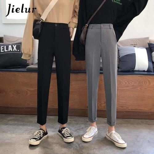 Jielur Spring Womens Pants Black Gray Casual Straight Suit Pants High Waist Office Lady Elegant Fashion Basic Trousers Harajuku