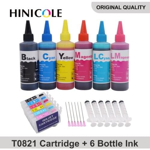 HINICOLE 6 Color Dye Ink Cartridge For Epson T0821 XL Stylus RX610 RX615 RX690 1410 TX650 TX659 Printer + Bottle Ink Kits 600ml