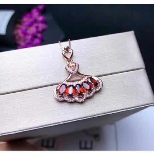 Almei Tested Natural Garnet Dancing Girl Necklace for Women, 925 Sterling Silver, 3*5mm*5 Pcs Velvet Box Certificate FN186