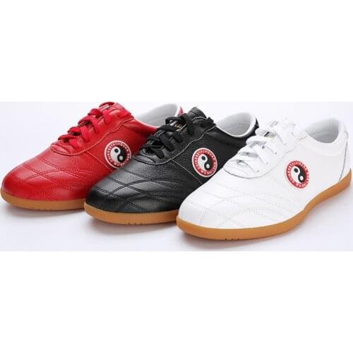 Cowhide Tai Chi Shoes Soft Genuine Leather Kung Fu Shoes Martial Arts Sneaker Sports Training Footwear Red White Black