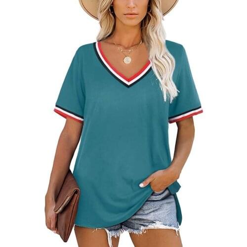 Summer T Shirt Women Solid Color Short Sleeve Striped Sexy V-neck Tops Loose Split Casual Street Wear Tee Shirt
