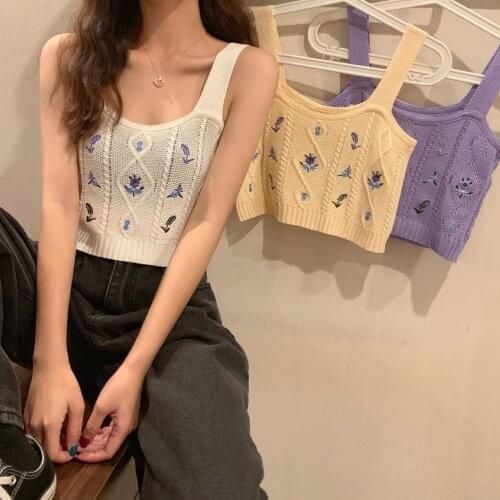 Summer Knit Women Tank Top Vintage Embroidery Flowers Sleeveless Short Camisole