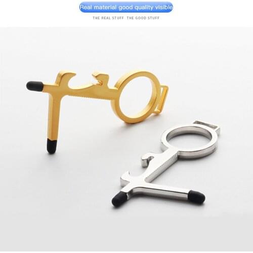 Anti-touch Door Opening Tool Multifunctional Electroplating Keychain Serves As Bottle Opener And Stylus Pad