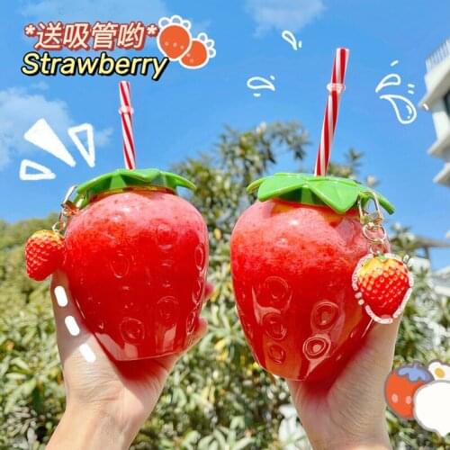 Cartoon Kawaii Strawberry Straw Cup Plastic Cup Lovely Girl Milk Tea Coffee Cup Student Portable Water Bottle Free Shiping Items