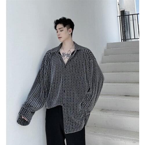 Hip-hop Street Flash Bright Face Plaid Oversize Shirt Mens Loose Profile Bright Silk Shirt Top