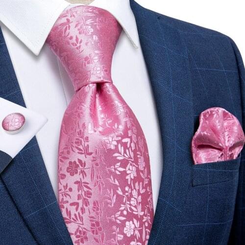 Mens Ties Pink Floral Silk Necktie Business Wedding Party Tie Set Handkerchief Cufflinks Men Accessories Gift Cravat DiBanGu