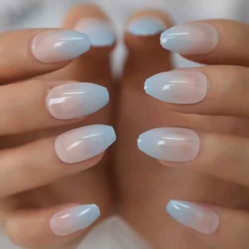 Ombre Light Blue French Ballerina Coffin False Nails Gradient Summer Design Manicure Press on Fake Nails Tips Daily Finger Wear