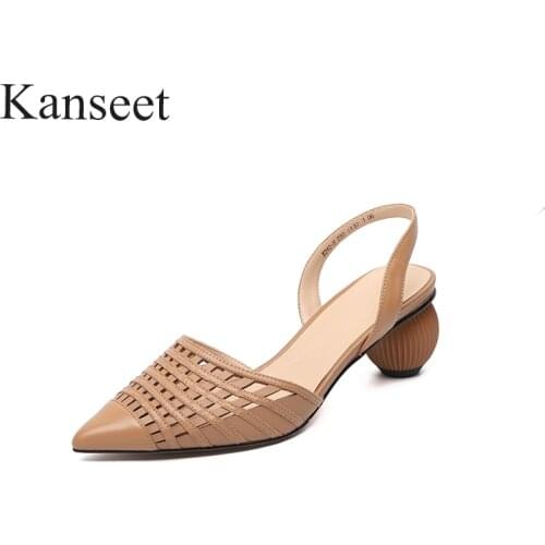 Kanseet 2021 New Womans Shoes Summer Hot Sale Genuine Leather Elegant Handmade Pointed Toe Fashion Mid Heels Hollow Out Sandals