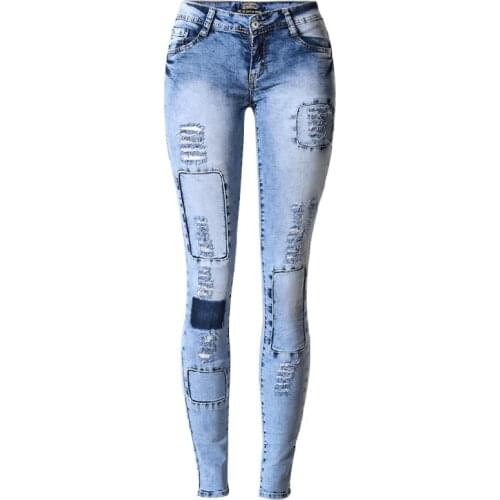 Autumn Women Jeans Blue Denim Patch Designs Slim Skinny Pencil Pants Elastic Low Waist Spring Female Trousers Streetwear C3066