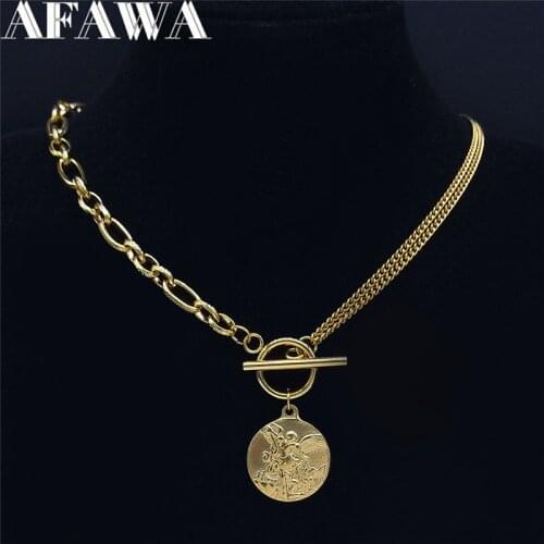 SAINT MICHAEL PROTECT US Archangel Chain Necklace Gold Color Stainless Steel Necklace Jewelry collier acier inoxydable NK62S02