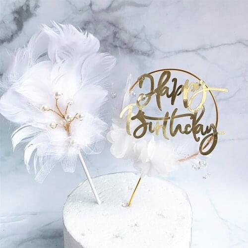 Pearl Bow Feather Happy Birthday Cake Topper Women Bachelorette Party Decoration Wedding Baby Shower Cake Topper Party Supplies