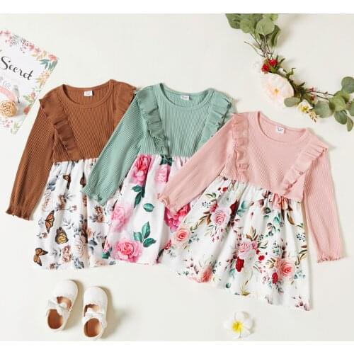 PatPat Toddler Girl Flounce Floral Print Stitching Ribbed Long-sleeve Dress