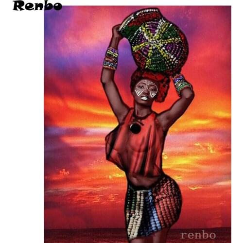 Full Square Round 5D DIY Diamond Painting Africa Woman Sunset Landscape Diamond Mosaic Embroidery Cross Stitch Home Decor New