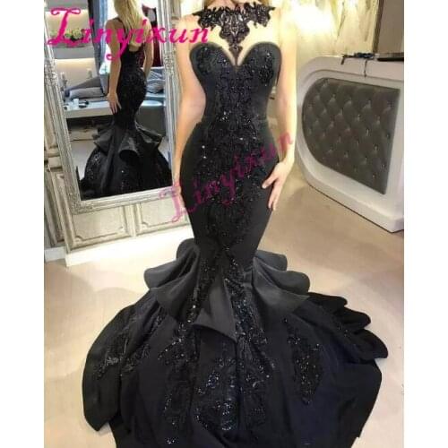 Stunning Black Mermaid Long Prom Dresses 2020 Sexy Beaded Appliqued Cascading Ruffled Court Train Backless Formal Evening Dress