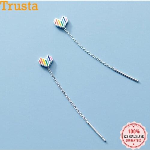 Trustdavis Real 925 Sterling Silver Fashion Colour Glaze Love Heart Chain Charm Earrings For Women Party FINE Jewelry DS1161