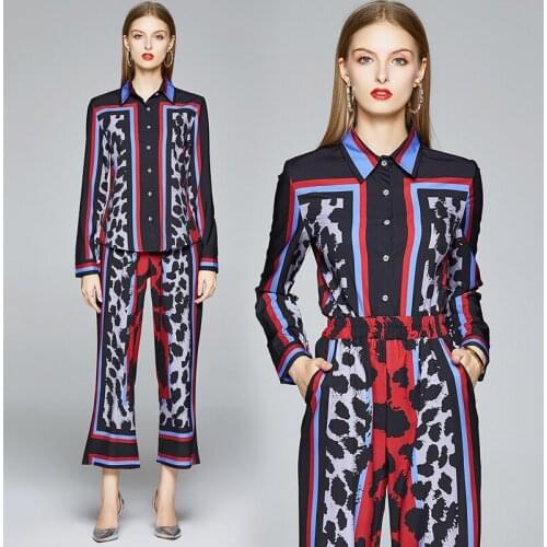 Euro-American England Style Design Leopard Print Blouse Top and Wide Leg Pant Two 2 Piece Set Outfit Women Fashion Matching Sets