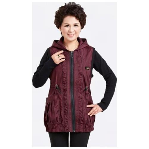 Spring Mothers Dark Purple Black Cotton Hooded Vest Coat Middle Aged Women Plus Sized Sleeveless Jackets Vintage Style Waistcoat
