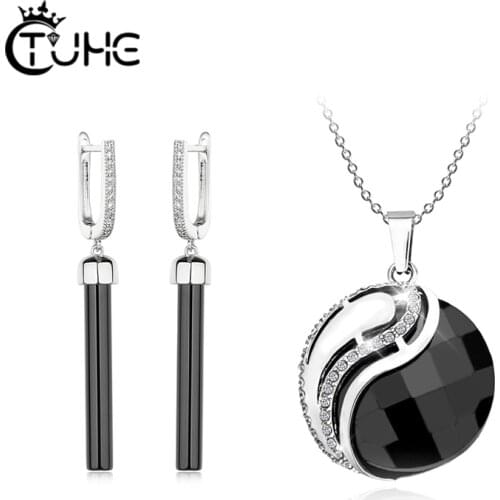 Top Quality Long Drop Earrings Ceramic Jewlery Set Round Cut Surface Ceramic Pendant Necklace For Women Wedding Party Jewelry