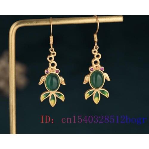 Green Jade Goldfish Earrings Natural Fish Zircon Crystal Chalcedony Gemstone Charm Gifts Amulet Women Jewelry 925 Silver