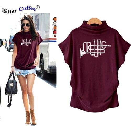 Music Tools print Summer new Women Casual Turtleneck Short Batwing Sleeve Cotton girl Casual Top Shirt Plus Size