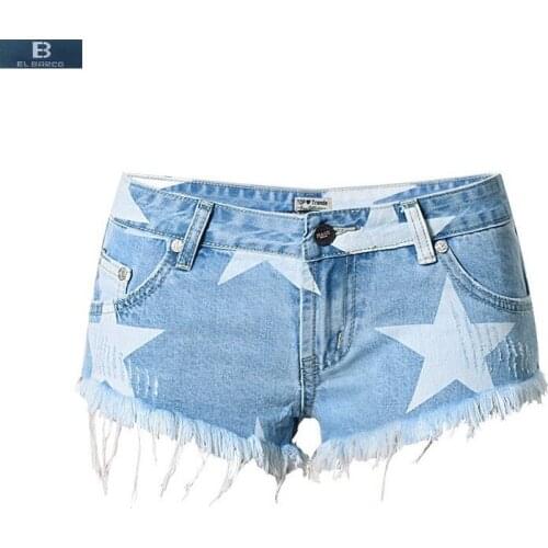 [EL BARCO] Summer Fashion Star-Print Women Denim Shorts Jeans Cotton Scratched Pockets Light Blue Sexy Fit Female Mini Shorts