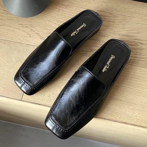 QZYERAI 2020 Fashion Blogger England Style Vintage Genuine Leather Flat Shoes Mules Slippers Women Shoes Woman Shoes Women