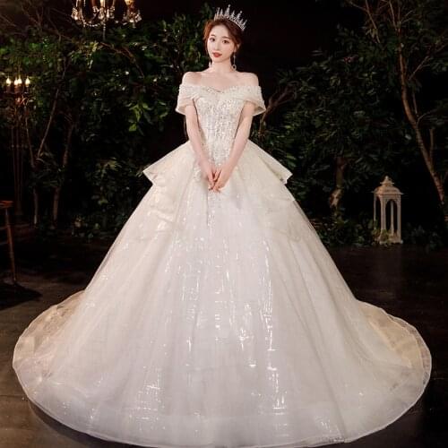 Luxury Champagne 2021 New Wedding Dress With Sweep Train Shining Beads Sequins Ball Gown Elegant Boat Neck Vestido De Noiva