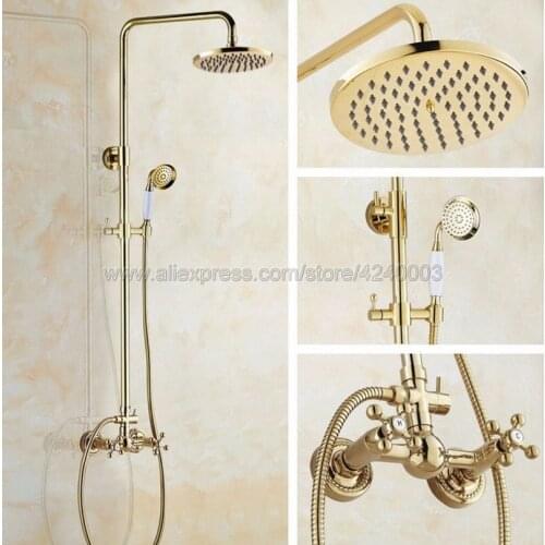 Golden 8" Rain Shower Faucet Dual Handles Wall Mount Mixer Tap W/Hand Shower Kgf334