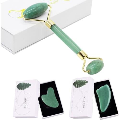 3 in 1 Aventurine Face Massage Roller Gua Sha Scraper Set Natural Real Stone Anti Aging Roller Guasha Kit Facial Skin Care Tools
