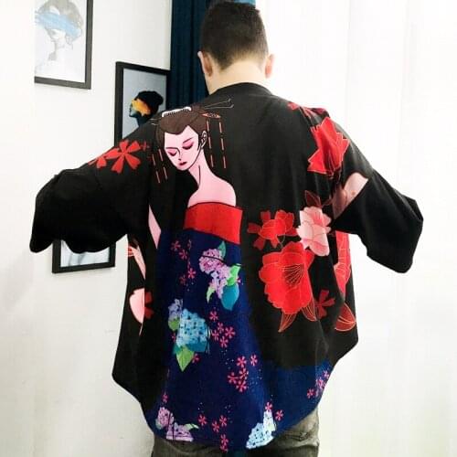 MenS Kimono Cardigan Japanese Streetwear Haori Men Male Yukata Geisha Clothing Obi Kimono Cardigan Shirt Cosplay FF3009