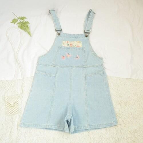 Summer Japanese Mori Girls Cute Pattern Demin Suspenders Jumpsuit Kawaii Butterfly Embroidery Shorts High Waist Wide Leg Jeans