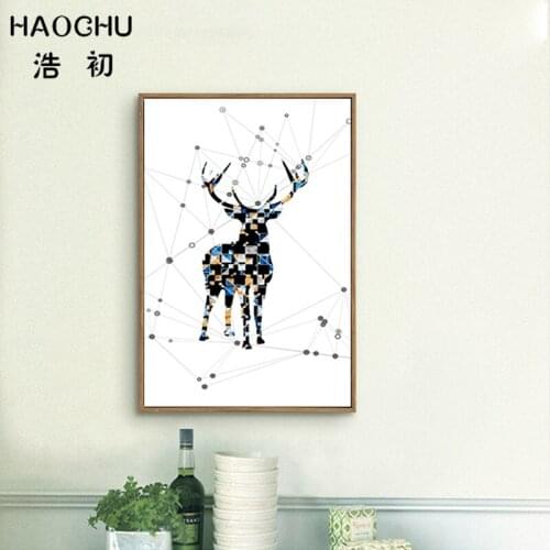 HAOCHU Geometric Silhouette of Deer Elk Canvas Painting Modern Poster Black White Wall Pictures for Living Room Unique Artwork