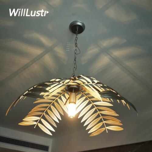 Creative Metal Palm Leaf Pendant Light Hotel Homestay Restaurant Living Dining Bedroom American Country Style Iron Hanging Lamp