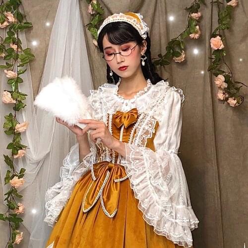 Princess tea party sweet lolita retro lace bowknot flare sleeve top kawaii girl peter pan collar victorian shirt loose cos loli