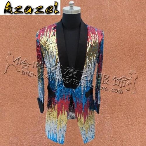 Men Slim long section Fashion Gradient sequins nightclubs bars Dresses male singers stage costumes magician performance clothing