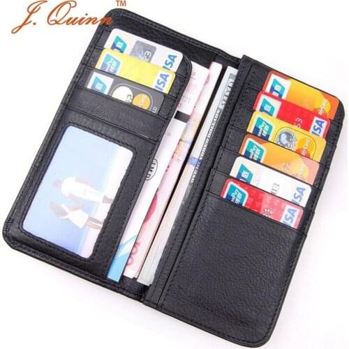 J.Quinn Mens Leather Wallets Boarding Card Long Mens Business Black Purse Wallet Bag Thin Fashion Genuine Cow Grain Male Wallet