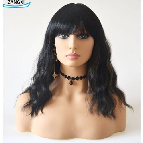High Temperature Fiber Natural Hair Wig for Daily and Cosplay 16inch Black bob Wigs For Women Short Water Wave Bob Wig