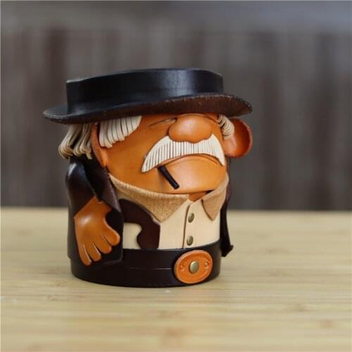 The First Layer Vegetable Tanned Cowhide Pen Barrel Uncle Storage Box Leather Grandpa Office Desktop Cartoon Ornament
