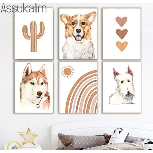 Cactus Print Heart Rainbow Canvas Poster Cartoon Dog Posters Nursery Wall Art Painting Nordic Wall Pictures For Kids Room Decor