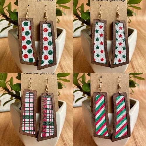 Christmas Lattice Stripe Pattern Print PU Leather Trapezoid Wood Earrings for Women Christmas Gifts Free Shipping