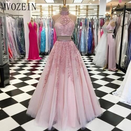 Pink Prom Dresses 2018 High Neck Beaded Halter Tulle Lace Two Pieces Party Maxys Long Prom Gown Evening Dress