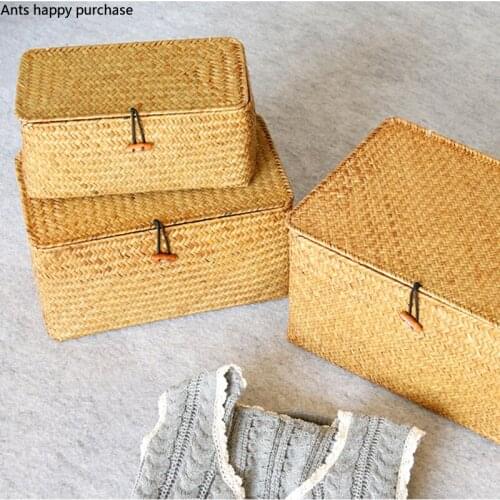 Seaweed Weave Flip Storage Box Rectangular Organize The Basket with Cover Handmade Straw Home Clothing Sundries Finishing Box