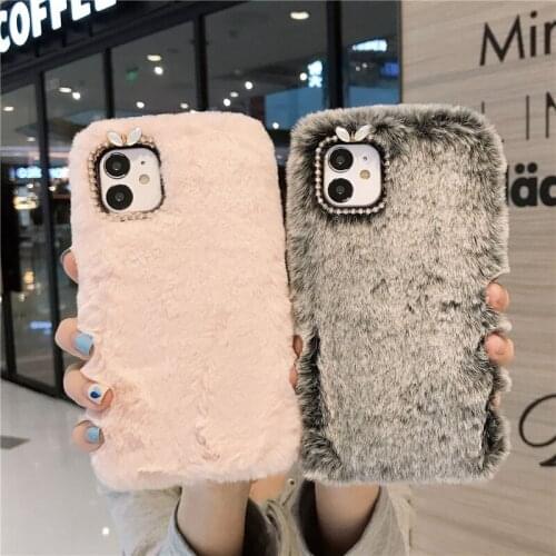 Warm Rabbit Plush diamond Phone Cases For iPhone 12 11Pro Max X XS XR 11 8 7 6 6S Plus Cartoon Furry hair Back Cover Winter gift