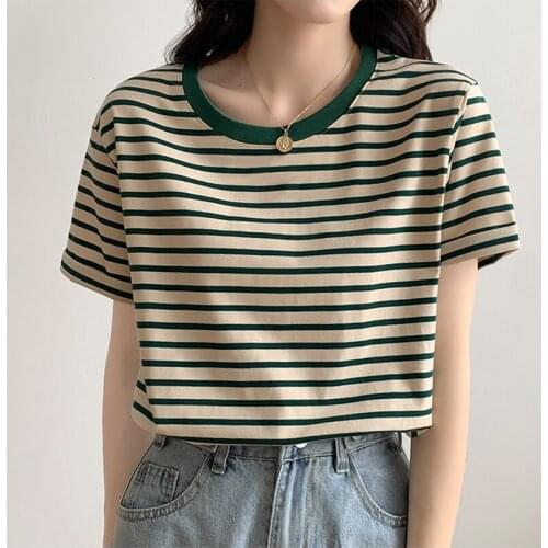2021 New Color Matching Round Collar Blouse Real Price Retro Stripe Short Sleeve T-Shirt Summer Women