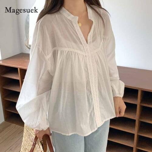 Women Autumn V-Neck Pullover Long Sleeve Blouses Vintage Plus Size Blouse Women Casual Loose White Oversized Shirt Blusas 11019