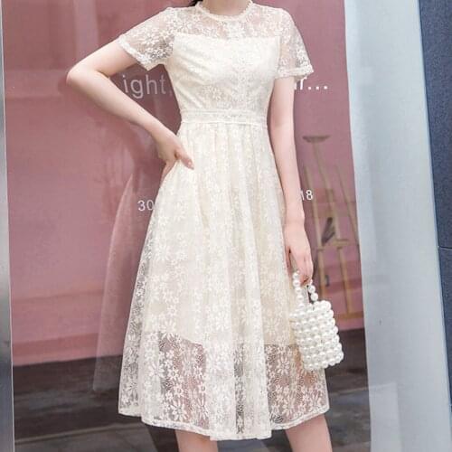 BacklakeGirls Round Neck Short Sleeves A Line Cocktail Dress Women Lace Embroidered Midi Party Dress Vestidos Talla Grande Mujer